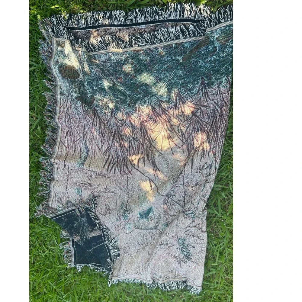 80s R.S. Parker Black Bear Tapestry Blanket 62x49 forest cabin art decor vintage